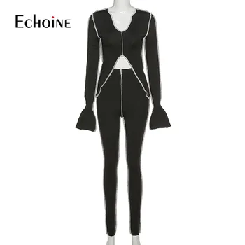 Echoine jeseni casual Sexy fitnes trenirka ženske long sleeve zgornji del in hlače 2 delni set elastična activewear Stranka ulične
