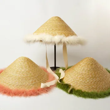 01909-HH7320 2019 Ročno tkane slame barva Perja Bambusa klobuk modeliranje Modni Model Kažejo skp ženske prosti čas, počitnice plaže klobuk
