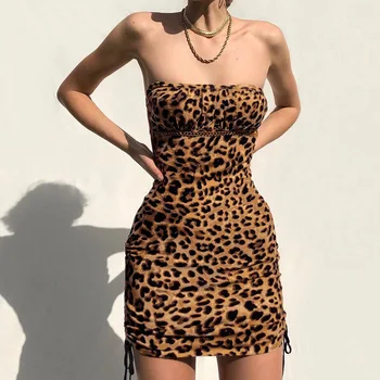 Seksi Off Ramenski Cev Obleko Poletje Ženske živali leopard tiskanja Bodycon Sundress brez naramnic Stretchy Povoj Haljo Femme odpri nazaj