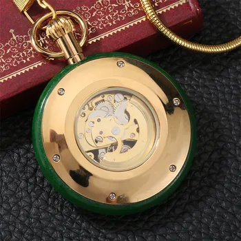 Jade Design Luxury Gold Automatic Mehanski žepna ura Starinsko Obesek Self-Navijanje Žep Ure Darila Oče z Box