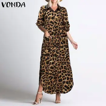 Jeseni Maxi Dolgo Obleko 2021 VONDA Ženske pa Dol Vratu Letnik Leopard Tiskanih Obleke Plus Velikost Bohemian Vestidos Femme Robe