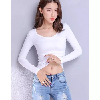 2021 moda mujer camiseta de algodón priložnostne barve sólido manga larga cuello redondo ropa