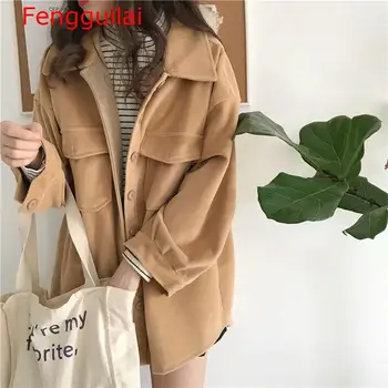 Fengguilai 2020 Sladko Ženske Jeseni, Pozimi Moda Trdna Divje Svoboden Preppy Stil Priložnostne Slim Žepi Udobno Outwear Plašč