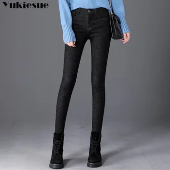 Debele Pozimi Toplo Skinny Jeans za Ženske Ženski Visoko Pasu Žamet Traper Hlače Ulične Stretch Hlače Plus Velikost