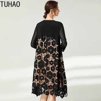 TUHAO 2020 velikosti 4XL 3XL obleka black vezene čipke iz votlih šivanje jeseni plus velikost mati svoboden stranke obleke WM01