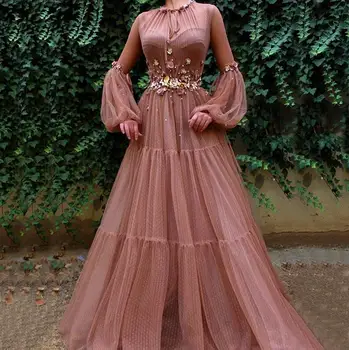Rdečilo Muslimanskih Večerne Obleke 2019 A-Linije Dolge Rokave Cvetje Til Islamske Dubaj Tam Kaftan Savdska Arabski Elegantne Dolge Večerne