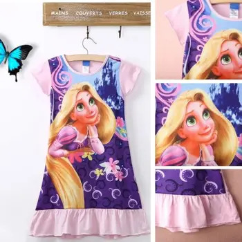 2019 Moda Otroci, Dekleta, Priložnostne Obleko Zapleten Rapunzel Kratek Rokav Bombažno Pižamo Nightgown Obleko 6-16T