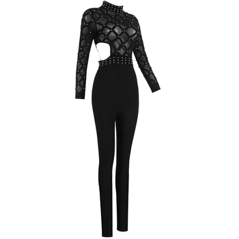 Novo pomlad vzletno-pristajalne steze povoj jumpsuit ženski modeli 2019 elegantno seksi beaded votlih črno dolgo sleeved čipke klub bodycon jumpsuit
