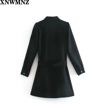 XNWMNZ Za Ženske do leta 2020 Moda žamet mini obleka Letnik black Belovrati Dolgimi Rokavi, Ženske z pasu gumbi Elegancija obleke Vestidos
