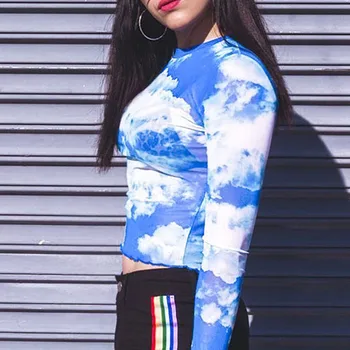 Poletje Moda Novo Modro Nebo In Beli Oblak Natisnjeni T-Shirt Seksi Popka Slim Ženske Digital Print Pregleden Očesa Majica Za Lady