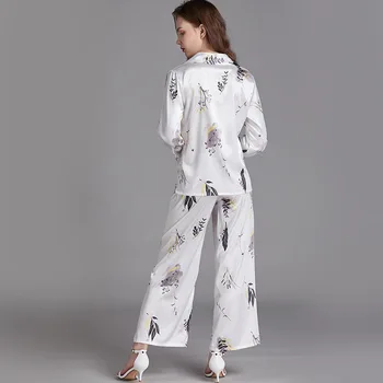 Svilnato Tiskanja Sleepwear 2PCS Pižamo Set Ženskih Saten Majica&Hlače More Priložnostne Intimno Perilo Nightgown 2021 Nove Pižame