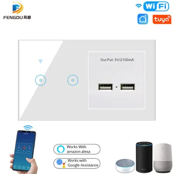 Tuya Smart Življenje WiFi Smart Home Stikalo z USB 1 2 3 Banda 90-240V Dotik Stene Stikala za Luč Delo z Google Pomočnik Alexa