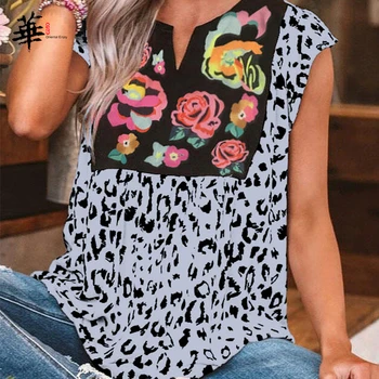 Poletje Letnik Rokavi Ženske Leopard Cvetlični Majice za Ženske Vrhovi Plus Velikost Oblačila, Casual Vrhovi za Ženske T shirt Femme T-majice