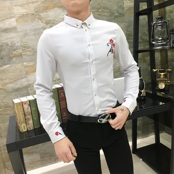 2020 Jeseni Novo Mens Rose Majica korejski Moda Casual Moški Vezenje Majica Dolgi rokavi Slim Fit Vezenje Mens Majica