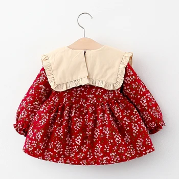 Čisto Nov 2020 Jeseni Baby Dekleta Oblačenja Tiskanja Cvetovi Bowknot Dolg Rokav A-Line Mini Princess Oblačenja 1-3Y